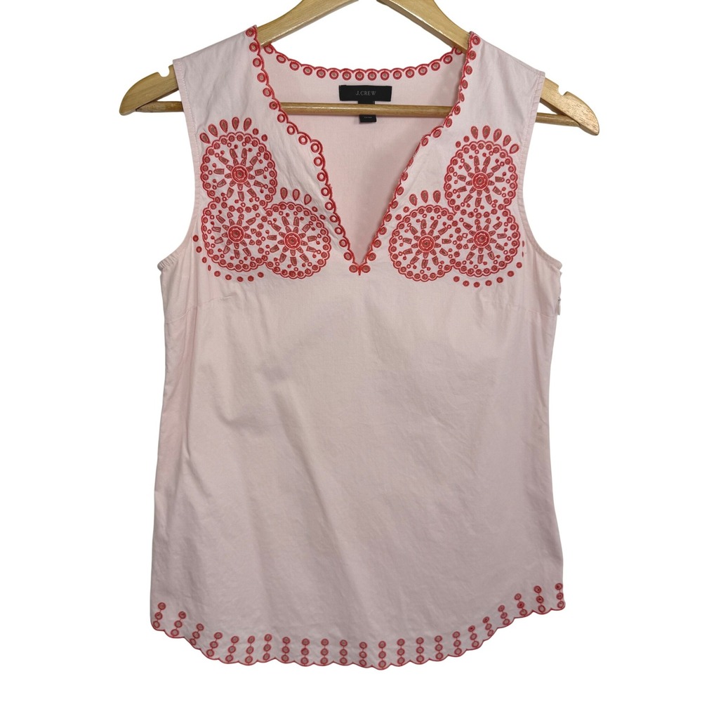 J.Crew Eyelet Embroidered Top Pink Red Sleeveless Scalloped Coastal Preppy Sz 00